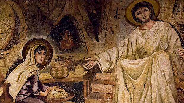 Maryja słucha słów Jezusa w ich domu w Nazarecie - mozaika z Nazaretu