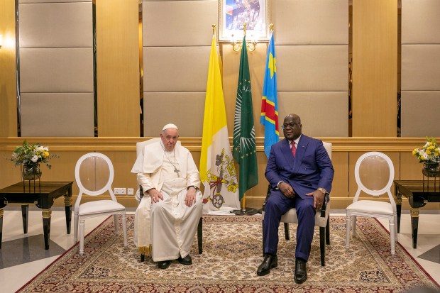 Pope-Francis-pose-for-a-photograph-with-President-of-the-Democratic-Republic-of-the-Congo-DRC-Felix-Tshisekedi-at-the-Palais-de-la-Nation-in-Kinshasa-AFP