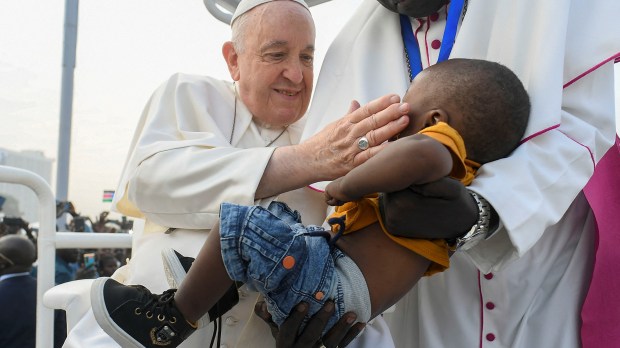 Pope-Francis-blessing-a-child-during-the-holy-mass-at-the-John-Garang-Mausoleum-in-Juba-South-Sudan-AFP