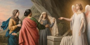 Trzy kobiety spotykają anioła u grobu zmartwychwstałego Jezusa