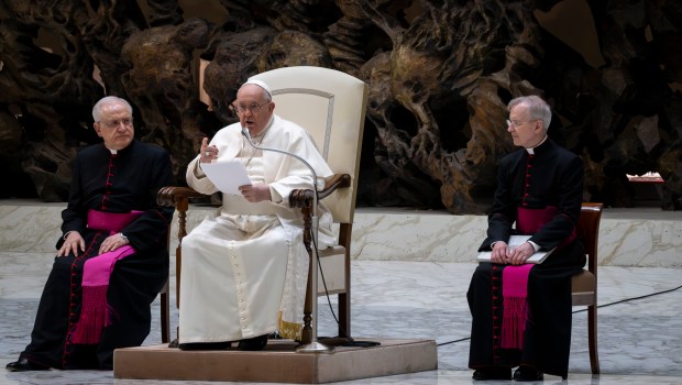 Pope Francis during his weekly general audience in Paul VI Hall at the Vatican on January 31, 2024
