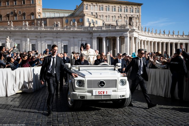 Pope Francis during his weekly general audience in St. Peter's square at the Vatican on April 17, 2024