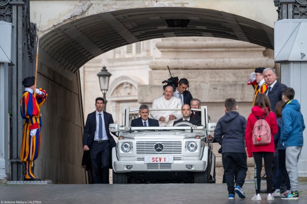 Pope Francis during his weekly general audience in St. Peter's square at the Vatican on April 03, 2024