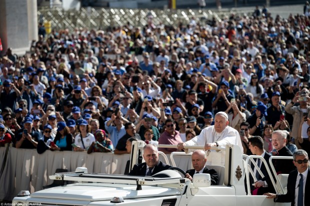 Pope Francis during his weekly general audience in St. Peter's square at the Vatican on May 15, 2024